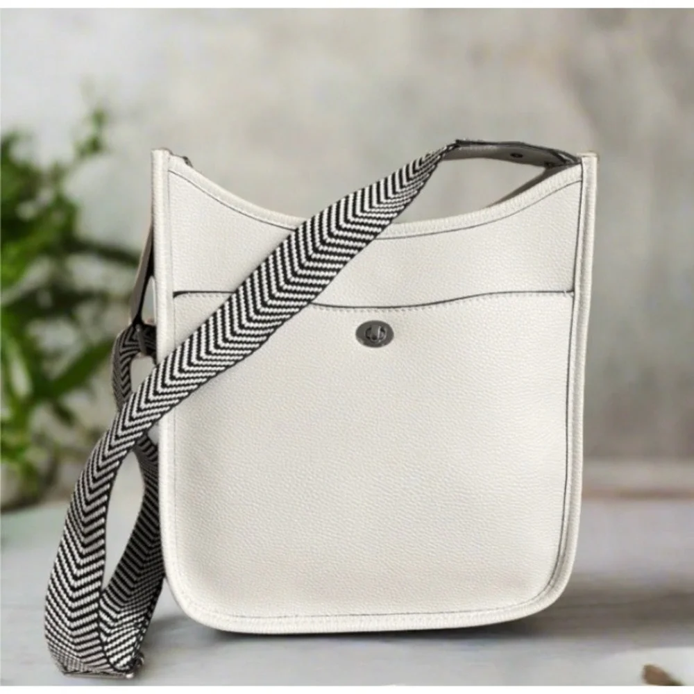 Rae Dunn Crossbody Bag Women Medium White Chevron Guitar Strap Messenger